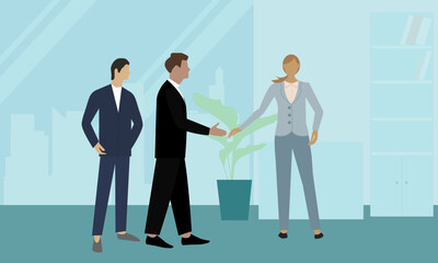 Meeting Receptionist of the of the girl of two male partners.
Worker at Reception Desk. Office Work. Administrator Giving Advice to Visitor, Consulting Client. Banking, Service Center. Staff Character