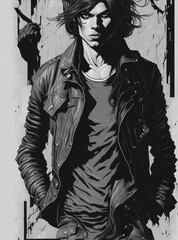 monochromatic Illustration of young rebellious man in leather jacket looking to camera