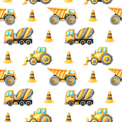 Construction vehicles watercolor seamless pattern, digital paper. Bulldozer, concrete mixer, dump truck, tractor. Construction site. Road signs. Baby boy print. For printing on fabric, textiles, paper