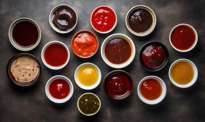  a group of sauces arranged in a circle on a table.  generative ai
