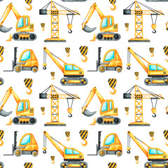 Construction machinery watercolor seamless pattern, digital paper. Construction vehicles. Construction site. Excavator, truck crane, forklift. Baby boy print. For printing on fabric, textiles, paper