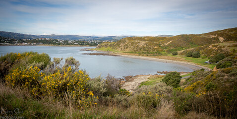 Pauatahanui Inlet, New Zealand, View out to sea from the beach, Sunset