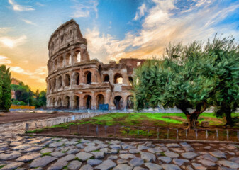 Fototapeta na wymiar Rome, Italy - Sunset behind the Colosseum - Creative illustration, vintage impressionistic design.