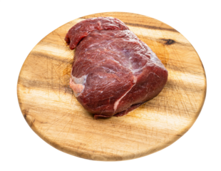 raw beef shoulder clod on wooden cutting board isolated on white background
