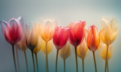  a group of colorful tulips with a blue background.  generative ai