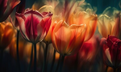  a group of red and yellow tulips in a field.  generative ai