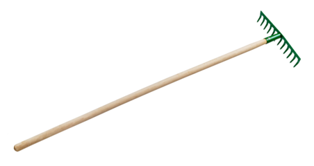 side view of steel rake with tines downwards with wooden handle isolated on white background