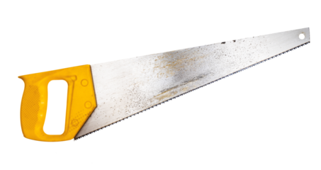 cross-cut hand saw saw with yellow plastic handle isolated on white background