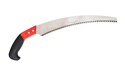 crosscut hand pruning saw with plastic handle isolated on white background