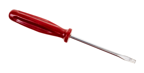 old slotted screwdriver with red plastic handle isolated on white background