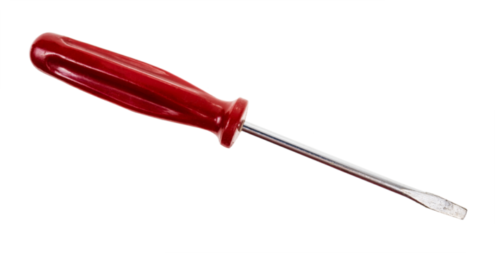 old slotted screwdriver with red plastic handle isolated on white background