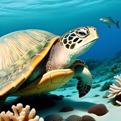 Closed up picture of AI generated turtle swimming under the ocean