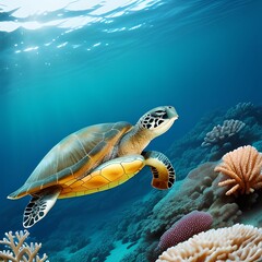 Closed up picture of AI generated turtle swimming under the ocean