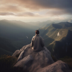 Fototapeta premium person sitting on top of the mountain