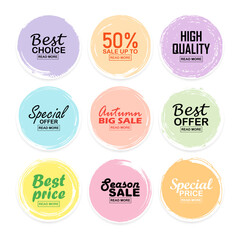 Set labels with sale inscription in different colors. Advertising or promo. Shopping concept. Promotional price label mega sale, shop now, special discount, big sale, limited time only, last chance.