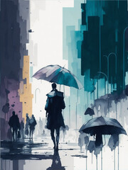 Illustration of people in bustling city when raining