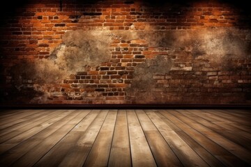 an empty room with a rustic brick wall and wooden floor Generative AI