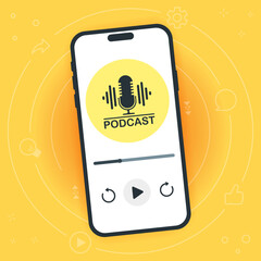 Podcast concept. Top view of a smartphone with a podcast listening app on the screen. Internet show podcasts, radio. Flat vector illustration.