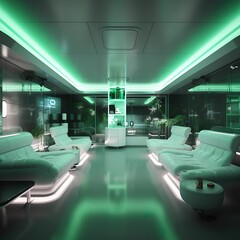 Obraz premium Open floor plan lounge, recessed lighting, teal neon 