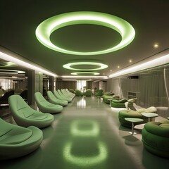 Cannabis lounge open floor plan, great lighting, green theme