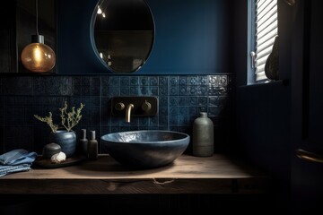 Exquisite marble bathroom with LED lighting, featuring a centrally located freestanding tub and single vanity with vessel sinks