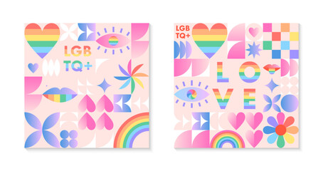 Pride month pattern templates.LGBTQ+ community vector illustrations in bauhaus style with geometric elements and rainbow lgbt symbols.Human rights movement concept.Gay parade.Colorful cover designs.