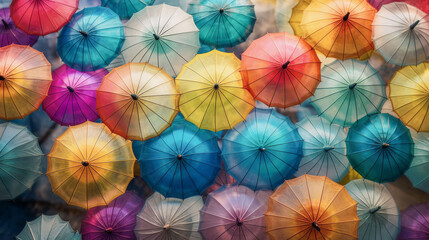 Fototapeta na wymiar Colorful umbrellas pattern in air. Vintage background . Generative AI