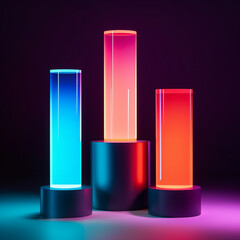 Acrylic Transparent Cylinder Podiums with Luminescent Glow for Product Mock-Up and Product Placement on Glowing Spectrum Background - Generative AI