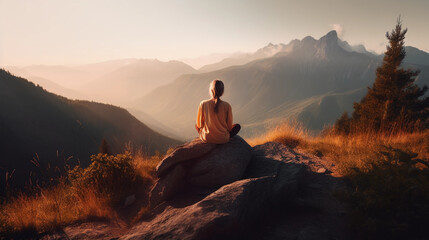 Rear view of woman meditating in the mountains