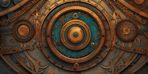 Obraz premium Steampunk background made of brass with gears and an eye-type feature for presentation generative AI Art
