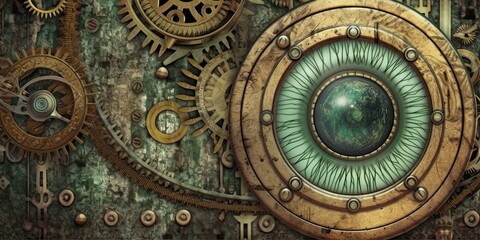 Fototapeta na wymiar Steampunk background made of brass with gears and an eye-type feature for presentation generative AI Art