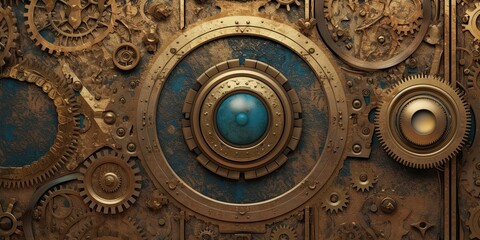 Steampunk background made of brass with gears and an eye-type feature for presentation  generative AI Art