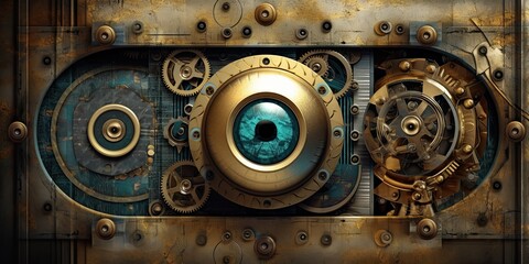 Steampunk background made of brass with an eye-looking feature - generative AI art