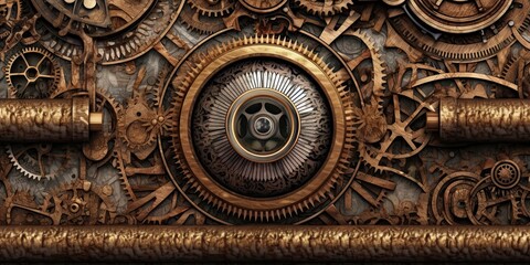 Steampunk background made of brass with an eye-looking feature - generative AI art