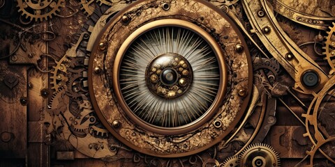 Fototapeta premium Steampunk background made of brass with an eye-looking feature - generative AI art