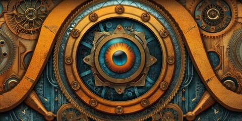 Obraz premium Steampunk background made of brass with an eye-looking feature - generative AI art