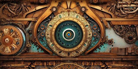 Fototapeta na wymiar Steampunk background made of brass with an eye-looking feature - generative AI art