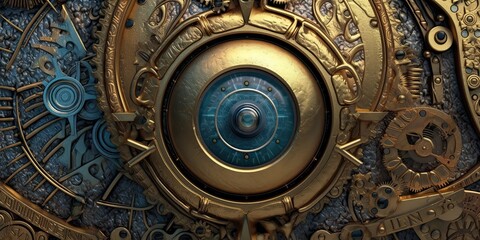 Fototapeta premium Steampunk background made of brass with an eye-looking feature - generative AI art