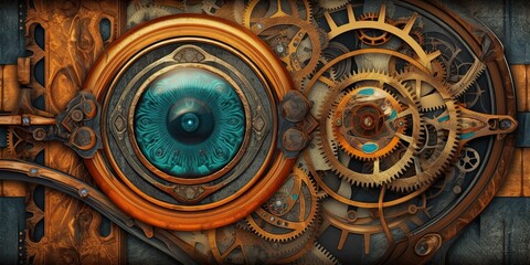 Steampunk background made of brass with an eye-looking feature - generative AI art