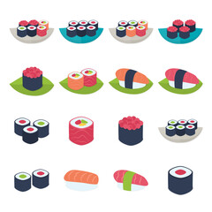 Flat style vector illustrations set. Sushi icon set over white