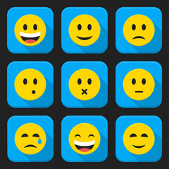 Flat style vector illustrations with long shadows; Yellow smiling faces squared app icon set