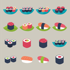 Flat style vector illustrations set. Sushi set over beige