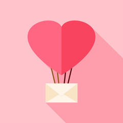 Fototapeta na wymiar Heart shaped air balloon with envelope. Flat stylized object with long shadow