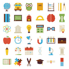 Big Flat Back to School Objects Set. Flat Styled Vector Illustrations. Back to School. Science and Education Set. Collection of Objects isolated over white.