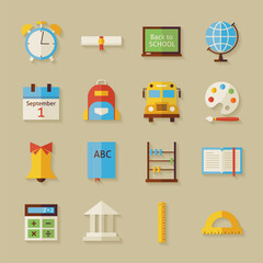 Back to School Objects Set with Shadow. Flat Style Vector Illustrations. Back to School. Science and Education Set. Collection of Objects over Beige Background