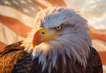 Obraz premium Close-up of an American Bald Eagle Head Over An American Flag Abstract Background - Generative AI.