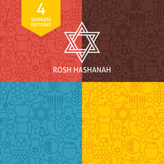 Thin Line Rosh Hashanah Holiday Patterns Set. Four Vector Jewish New Year Design and Seamless Background in Trendy Modern Line Style. Israel Judaism Religion