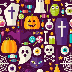 Dark Halloween Party Seamless Pattern. Flat Style Vector Seamless Texture Background. Halloween Holiday Template. Trick or Treat