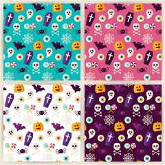 Halloween Trick or Treat Objects Seamless Pattern Set. Flat Style Vector Seamless Texture Backgrounds. Collection of Halloween Party Templates.