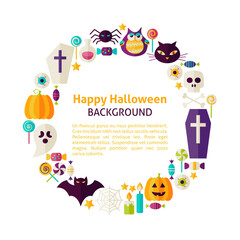 Flat Style Vector Circle Template Collection of Halloween Holiday Objects over White. Set of Trick or Treat Items Isolated over white. Template with Design Elements and Text